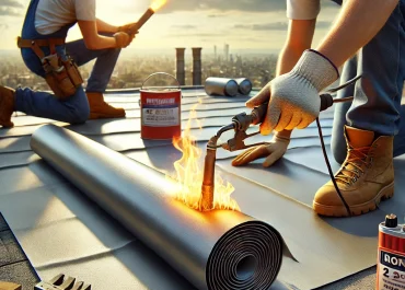 DALL·E 2024-11-20 11.40.47 - A realistic image of a 2-ply torch-applied roofing system being installed. The scene shows professional roofers using a torch to adhere the base and c